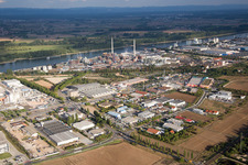 Industrial area North on the Rhine in Worms in the state Rhineland-Palatinate, Germany from a drone