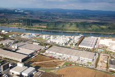 Industrial area North on the Rhine in Worms in the state Rhineland-Palatinate, Germany seen from a drone