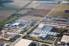 Industrial area Im Langgewan, forwarding company Kube & Kubenz in Worms in the state Rhineland-Palatinate, Germany seen from a drone