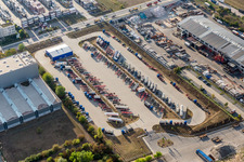 Aerial photograpy of Distribution center on the site of Spedition Kube & Kubenz in teh industrial district Im Langgewann in Worms in the state Rhineland-Palatinate, Germany