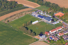 Aerial photograpy of Motorhomes at the Dierbachhalle in Dierbach in the state Rhineland-Palatinate, Germany