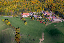 Buildings and parks at the mansion Villa le Riesack and farmhouse Mellon in fall-colours at the forest edge in Niederbronn-les-Bains in Grand Est, France