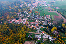 Aerial view of Village - view on the edge of agricultural fields and farmland in Rothbach in Grand Est, France