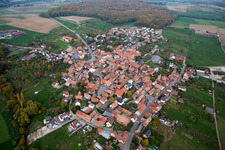 Aerial view of Village - view on the edge of agricultural fields and farmland in Engwiller in Grand Est, France