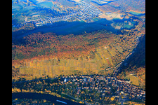 Aerial view of Klingenberger vineyard at the Seltenbach gorge in autumn leaves in the evening in Klingenberg am Main in the state Bavaria, Germany