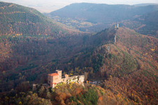 Aerial view of Castle of the fortress Burg Trifels in Annweiler am Trifels in the state Rhineland-Palatinate