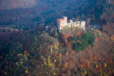 Trifels Castle in Annweiler am Trifels in the state Rhineland-Palatinate, Germany seen from above