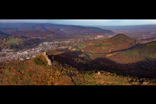 Trifels Castle in Annweiler am Trifels in the state Rhineland-Palatinate, Germany viewn from the air