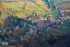 Aerial view of Wine-growing town from the west in autumn leaves in Leinsweiler in the state Rhineland-Palatinate, Germany