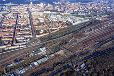 Aerial view of Stuttgarter Straße x Rüppurer Straße beyond the freight station in the district Südstadt in Karlsruhe in the state Baden-Wuerttemberg, Germany