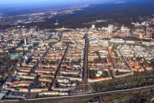 Oblique view of Stuttgarter Straße x Rüppurer Straße beyond the freight station in the district Südstadt in Karlsruhe in the state Baden-Wuerttemberg, Germany