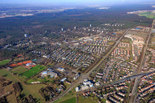 Aerial view of District beyond Gustav-Heinemann-Allee in the district Waldstadt in Karlsruhe in the state Baden-Wuerttemberg, Germany