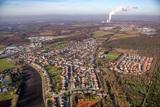 Aerial view of From the southwest in the district Huttenheim in Philippsburg in the state Baden-Wuerttemberg, Germany