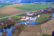River weir on the Rott with Franz Plinganser metalworking in the district Schwaibach in Bad Birnbach in the state Bavaria, Germany