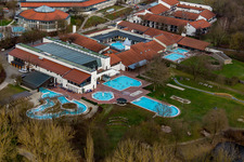 Aerial view of Spa and swimming pools at the swimming pool of the leisure facility Rottal Terme in Bad Birnbach in the state Bavaria