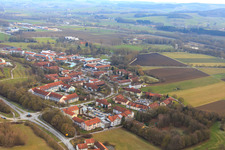 Aerial view of Brunnaderstraße with Vitalhotel Bad Birnbach, Rehabilitation Center Klinik Rosenhof and Hotel Sonnenhof in the district Aunham in Bad Birnbach in the state Bavaria, Germany