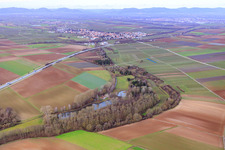 Aerial view of Fish pond of the ASV Klares Wasser Inshein am Quodbach in Insheim in the state Rhineland-Palatinate, Germany
