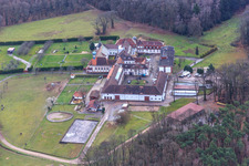 Aerial view of Horse boarding at Liebfrauenberg Monastery in Bad Bergzabern in the state Rhineland-Palatinate, Germany