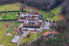 Aerial photograpy of Horse boarding at Liebfrauenberg Monastery in Bad Bergzabern in the state Rhineland-Palatinate, Germany
