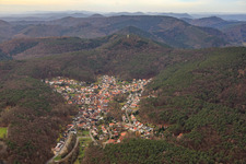 Aerial view of Village hidden in the Palatinate Forest in Dörrenbach in the state Rhineland-Palatinate, Germany