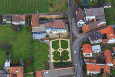 Park of the Hotel Schlössl Oberotterbach in Oberotterbach in the state Rhineland-Palatinate, Germany seen from above
