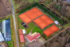 Aerial view of Tennis courts and restaurant at Bienwald and Waldhof-Frey GmbH in Steinfeld in the state Rhineland-Palatinate, Germany