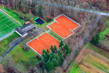 Oblique view of Sports hall and stadium of TuS 1908 Schaidt, shooting club Schaidt | Zur Gogglerstubb and tennis courts of TC Bienwald Schaidt in the district Schaidt in Wörth am Rhein in the state Rhineland-Palatinate, Germany
