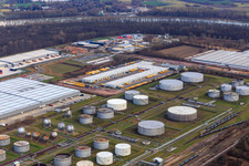 Industrial area at the airport with tank farm and DHL logistics center in Speyer in the state Rhineland-Palatinate, Germany