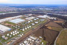 Aerial photograpy of Industrial area at the airport with tank farm and DHL logistics center in Speyer in the state Rhineland-Palatinate, Germany