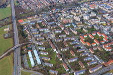 Aerial view of District on the Woogbach with Heinrich-Heine-Straße in Speyer in the state Rhineland-Palatinate, Germany