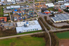 Aerial view of Industrial area In den Birkenwiesen with Medardt MBM GmbH in Offenbach an der Queich in the state Rhineland-Palatinate, Germany