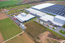 Aerial view of Interpark industrial park with Progroup Board GmbH and Tricor Packaging & Logistics AG in Offenbach an der Queich in the state Rhineland-Palatinate, Germany