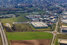 Aerial view of Industrial area in the Speyer Valley with ITK Engineering GmbH, TRANSAC International Shipping Company Ltd., and DBK David + Baader GmbH in Rülzheim in the state Rhineland-Palatinate, Germany
