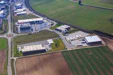 Aerial photograpy of Industrial area in the Speyer Valley with ITK Engineering GmbH, Resinnovation GmbH, TRANSAC International Shipping Company Ltd., and Markthalle 5 in Rülzheim in the state Rhineland-Palatinate, Germany