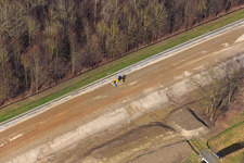 Aerial view of Construction site for the strengthening of the Rhine dam in the district Rußheim in Dettenheim in the state Baden-Wuerttemberg, Germany