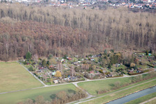 Aerial view of Allotment gardens on the Saalbach Canal in the district Graben in Graben-Neudorf in the state Baden-Wuerttemberg, Germany