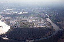 Aerial view of Oberwald industrial area from the northeast in Wörth am Rhein in the state Rhineland-Palatinate, Germany