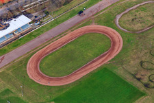 Speedway and grandstand of the Herxheim Motorsport Association in Herxheim bei Landau in the state Rhineland-Palatinate, Germany from above