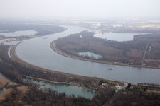 Aerial view of Rhine ferry in Drusenheim in the state Bas-Rhin, France