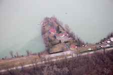 Aerial view of Le Salmengrund quarry lake in Seltz in the state Bas-Rhin, France