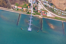 Aerial view of Ferry and ferry terminal between Seltz on the Rhine in Alsace and Plittersdorf in Seltz in the state Bas-Rhin, France
