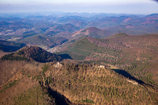 Castle ruins Löwenstein, Hohenburg and Wegelnburg from the south in Wingen in the state Bas-Rhin, France