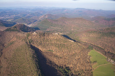 Aerial view of Castle ruins Löwenstein, Hohenburg and Wegelnburg from the south in Wingen in the state Bas-Rhin, France