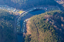 Aerial view of Neudahner Weiher campsite in Dahn in the state Rhineland-Palatinate, Germany