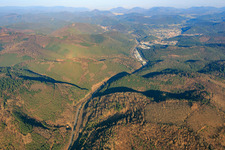 Aerial view of Industrial area Alte Bundesstraße in the Queichtal from the west in Hauenstein in the state Rhineland-Palatinate, Germany