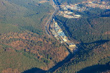 Aerial photograpy of Industrial area Alte Bundesstraße in the Queichtal from the west in Hauenstein in the state Rhineland-Palatinate, Germany