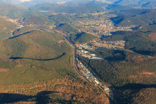 Industrial area Alte Bundesstraße in the Queichtal from the west in Hauenstein in the state Rhineland-Palatinate, Germany seen from above