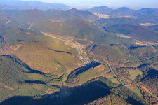 Aerial view of Evening view of the Queichtal valley from the west in Wilgartswiesen in the state Rhineland-Palatinate, Germany