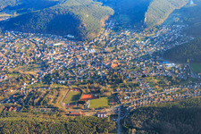 Aerial view of Overview of the shoe town from the north in Hauenstein in the state Rhineland-Palatinate, Germany