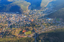 Aerial photograpy of Overview of the shoe town from the north in Hauenstein in the state Rhineland-Palatinate, Germany